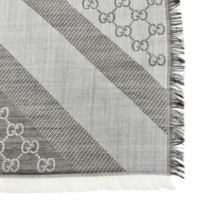 未使用品△GUCCI グッチ 281942 ウール シルク GG柄 フリンジ 大判 ショール ストール ブラウン系 140×140cm イタリア製 正規品 箱付き