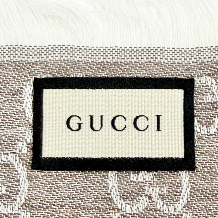 未使用品△GUCCI グッチ 281942 ウール シルク GG柄 フリンジ 大判 ショール ストール ブラウン系 140×140cm イタリア製 正規品 箱付き