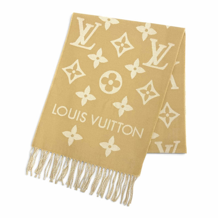 美品△LOUIS VUITTON ルイヴィトン M77854 LV エセンシャル ウール モノグラム マフラー ベージュ 170×34cm イタリア製 正規品 箱付き