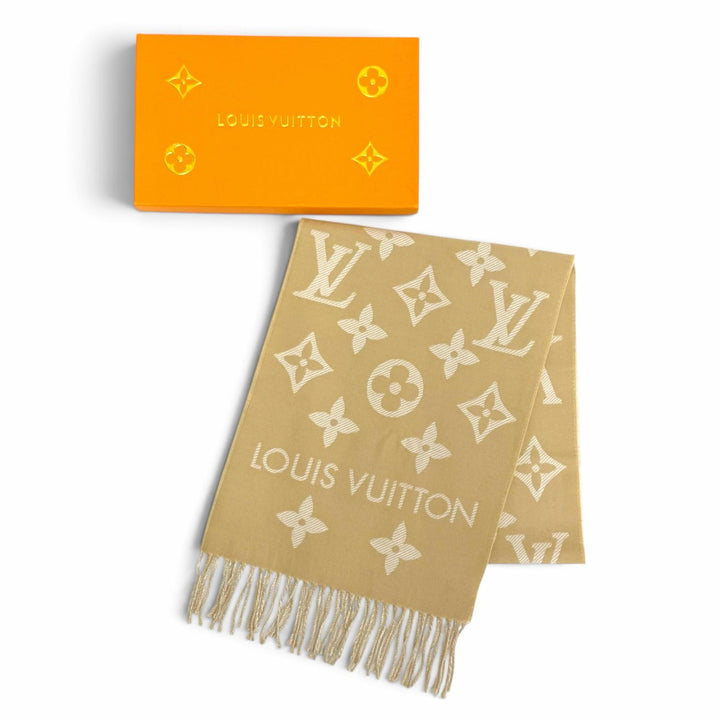 美品△LOUIS VUITTON ルイヴィトン M77854 LV エセンシャル ウール モノグラム マフラー ベージュ 170×34cm イタリア製 正規品 箱付き