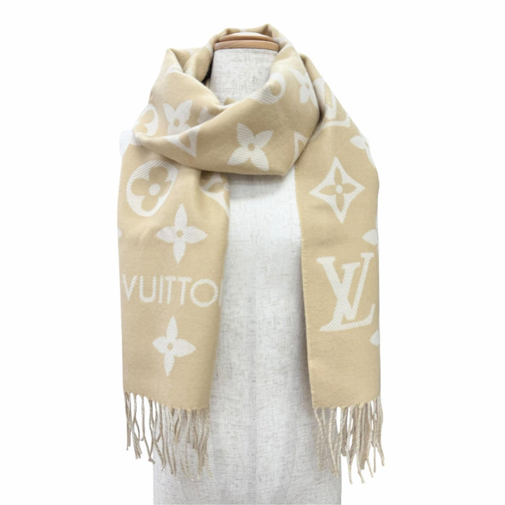 美品△LOUIS VUITTON ルイヴィトン M77854 LV エセンシャル ウール モノグラム マフラー ベージュ 170×34cm イタリア製 正規品 箱付き