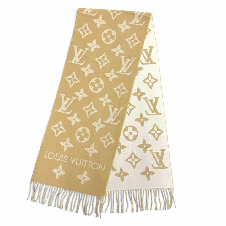 美品△LOUIS VUITTON ルイヴィトン M77854 LV エセンシャル ウール モノグラム マフラー ベージュ 170×34cm イタリア製 正規品 箱付き