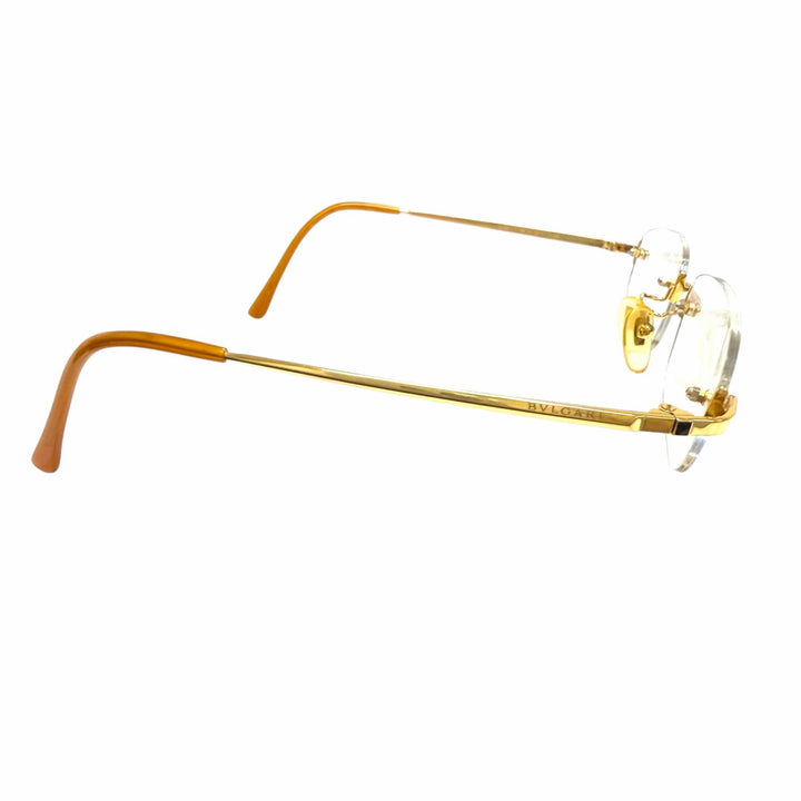 美品□BVLGARI ブルガリ K18 ツーポイント リムレス スクエア メガネ 眼鏡 アイウェア ゴールド クリアレンズ 55□17-140 度入り 重量30g