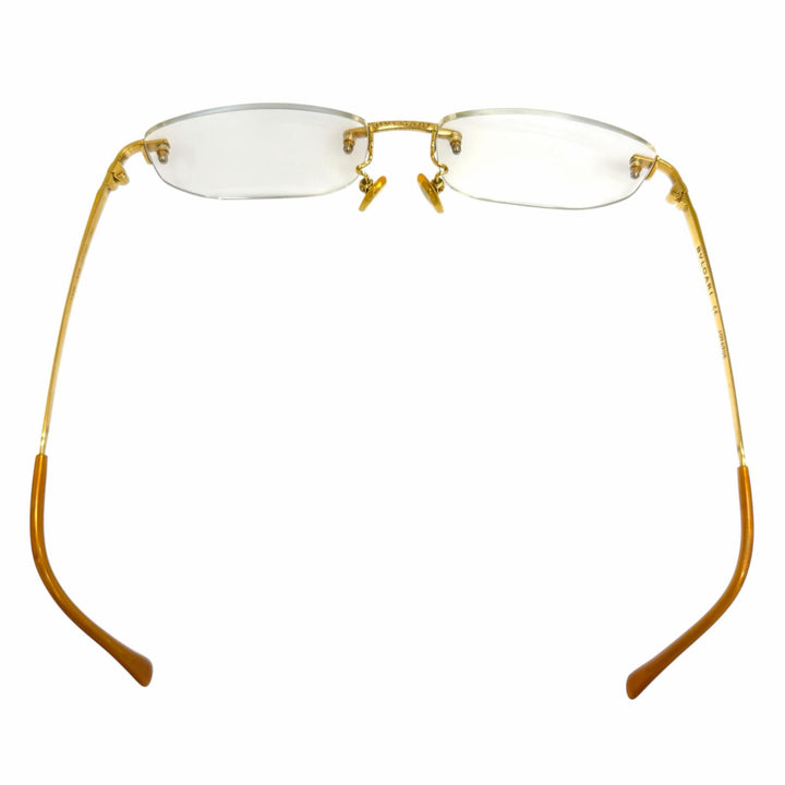 美品□BVLGARI ブルガリ K18 ツーポイント リムレス スクエア メガネ 眼鏡 アイウェア ゴールド クリアレンズ 55□17-140 度入り 重量30g