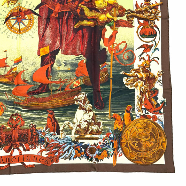 極美品△HERMES エルメス Les Ameriques COLOMBVS アメリカ大陸 コロンブス カレ90 シルク100％ スカーフ ブラウン系 マルチカラー 箱付