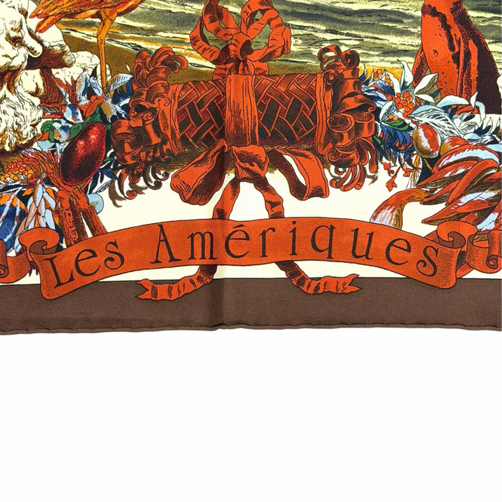 極美品△HERMES エルメス Les Ameriques COLOMBVS アメリカ大陸 コロンブス カレ90 シルク100％ スカーフ ブラウン系 マルチカラー 箱付