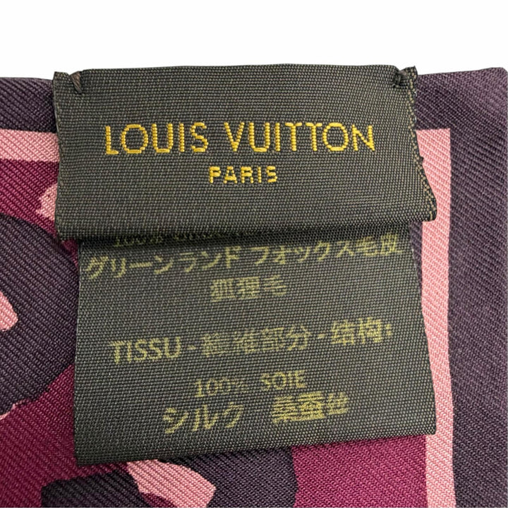 美品△LOUIS VUITTON ルイヴィトン M75042 バンドー・フリュールティペット マフラー フォックスファー シルク ロゴ レオパード ショール