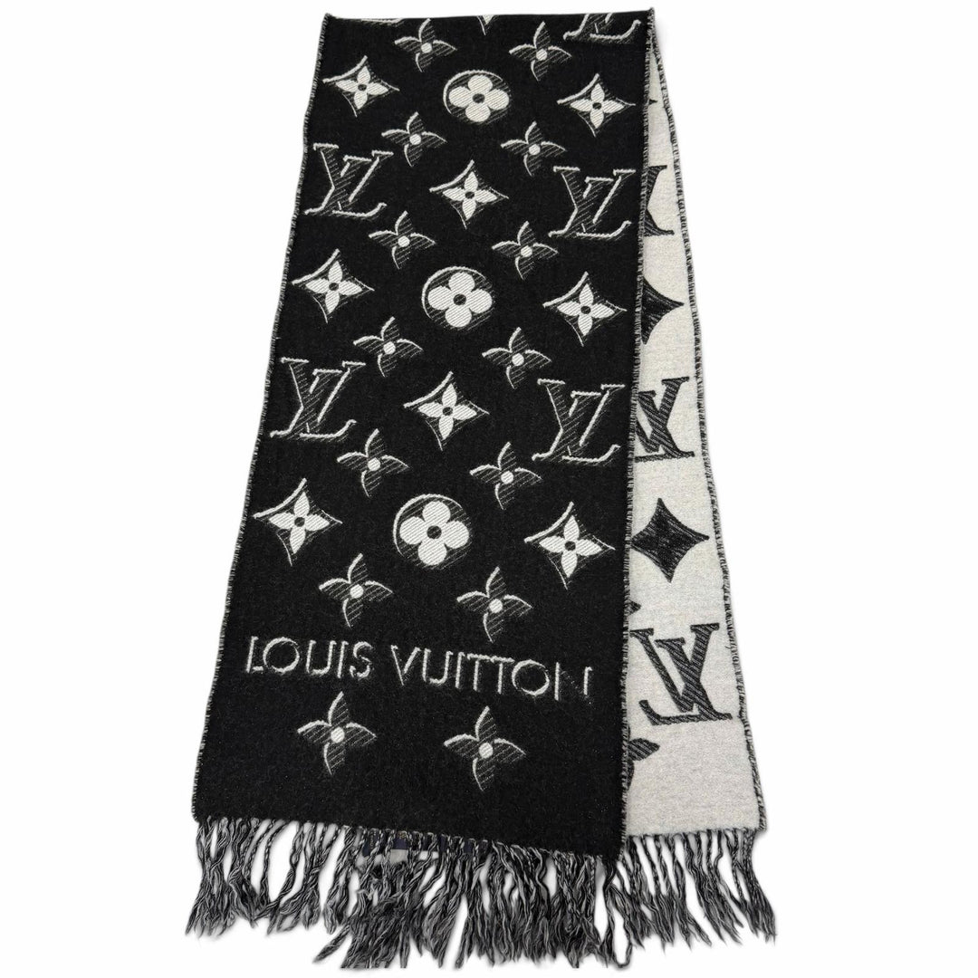 美品□LOUIS VUITTON ルイヴィトン 2023年製 M78159 LV エセンシャル ウール100％ モノグラム シャイン フリンジマフラー 黒 伊製 正規品