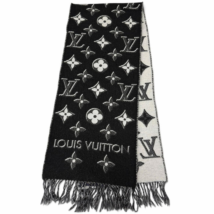 美品□LOUIS VUITTON ルイヴィトン 2023年製 M78159 LV エセンシャル ウール100％ モノグラム シャイン フリンジマフラー 黒 伊製 正規品