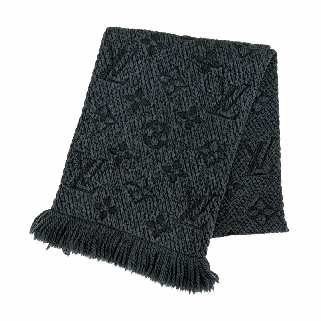 美品△LOUIS VUITTON ルイヴィトン 413287 エシャルプ ロゴマニア ウール シルク モノグラム マフラー ダークグレー系 イタリア製 正規品