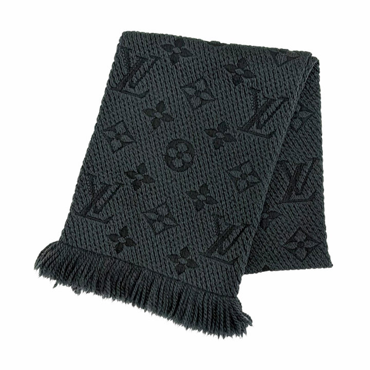 美品△LOUIS VUITTON ルイヴィトン 413287 エシャルプ ロゴマニア ウール シルク モノグラム マフラー ダークグレー系 イタリア製 正規品