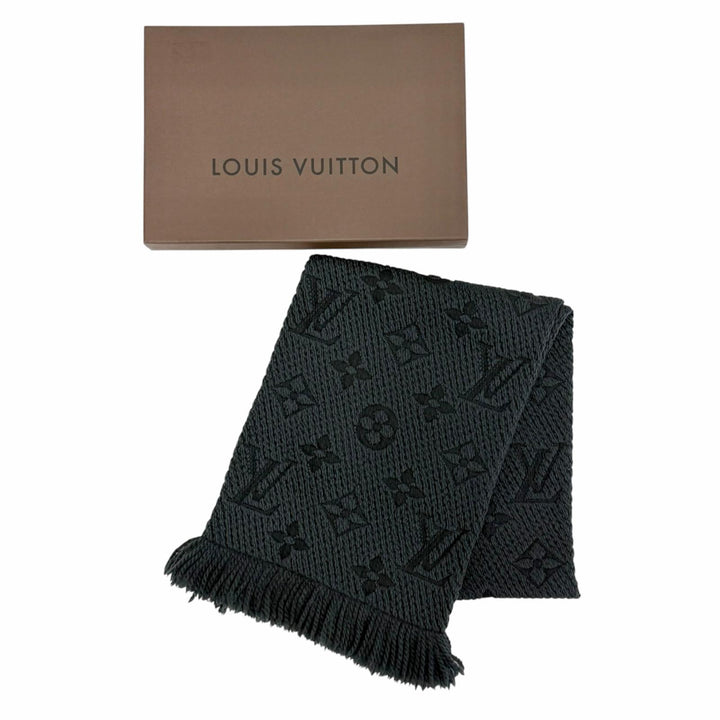 美品△LOUIS VUITTON ルイヴィトン 413287 エシャルプ ロゴマニア ウール シルク モノグラム マフラー ダークグレー系 イタリア製 正規品