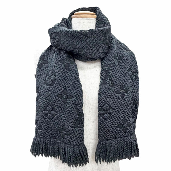 美品△LOUIS VUITTON ルイヴィトン 413287 エシャルプ ロゴマニア ウール シルク モノグラム マフラー ダークグレー系 イタリア製 正規品