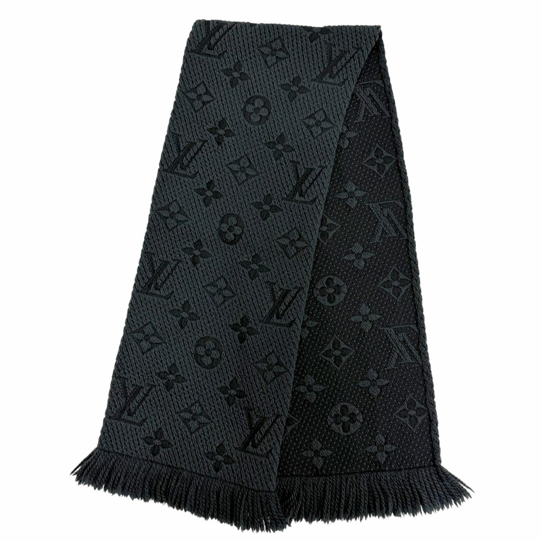 美品△LOUIS VUITTON ルイヴィトン 413287 エシャルプ ロゴマニア ウール シルク モノグラム マフラー ダークグレー系 イタリア製 正規品