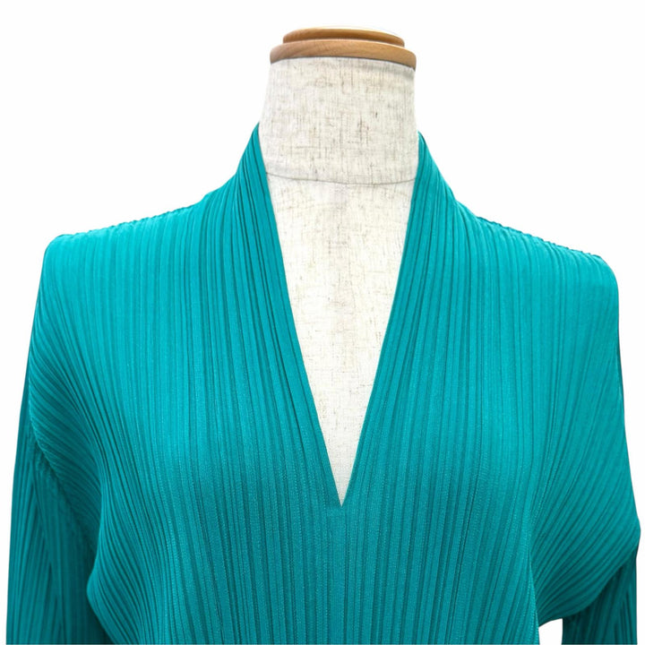 極美品△PLEATS PLEASE プリーツプリーズ イッセイミヤケ PP71-JH146 Vネック 長袖 ロング ワンピース エメラルドグリーン 3 正規品
