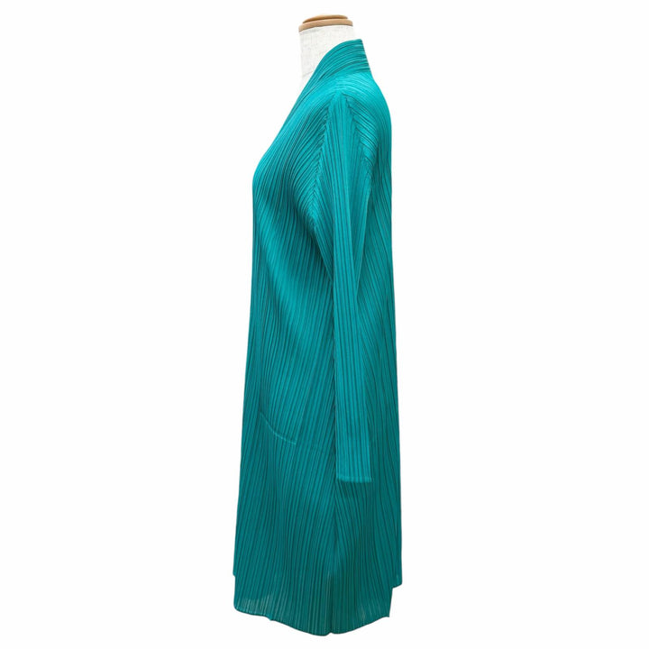 極美品△PLEATS PLEASE プリーツプリーズ イッセイミヤケ PP71-JH146 Vネック 長袖 ロング ワンピース エメラルドグリーン 3 正規品