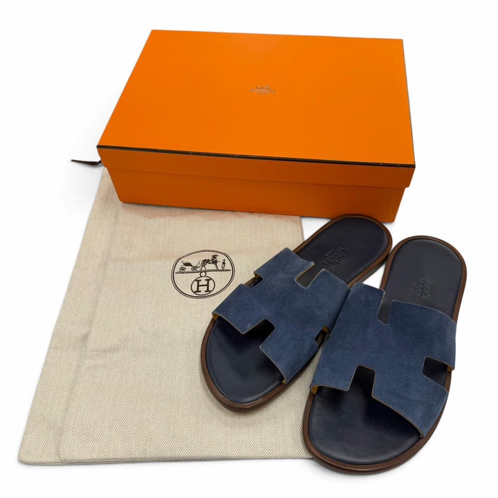 極美品▼HERMES エルメス イズミール スウェードレザー スライドサンダル 靴 ネイビー 41 イタリア製 メンズ 箱・保存袋付き
