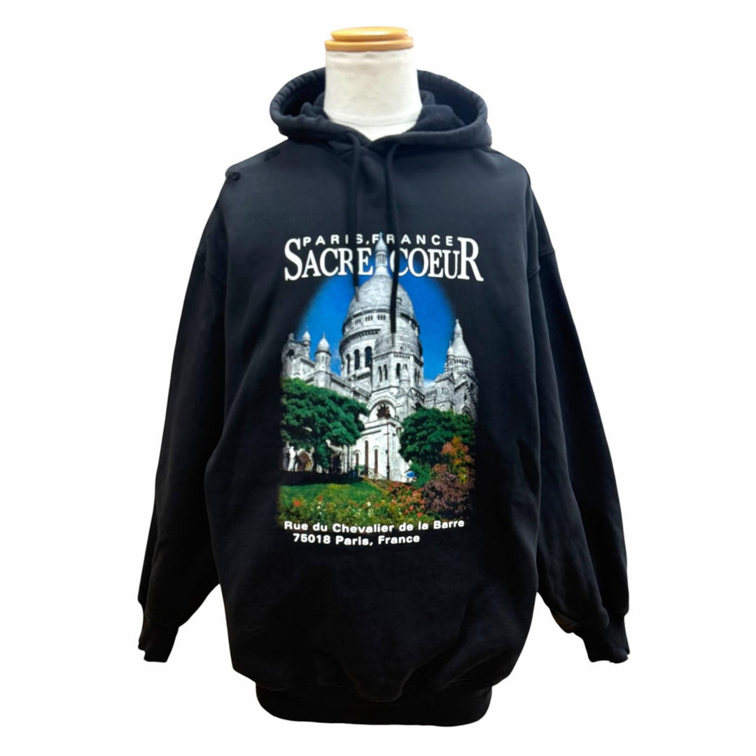美品▼BALENCIAGA バレンシアガ 641529 SACRE COEUR コットン100% ダメージ加工 フーデッド プルオーバー パーカー ブラック XS 正規品