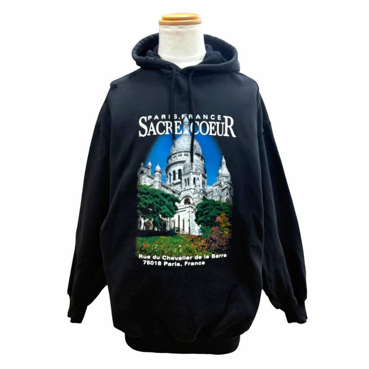 美品▼BALENCIAGA バレンシアガ 641529 SACRE COEUR コットン100% ダメージ加工 フーデッド プルオーバー パーカー ブラック XS 正規品