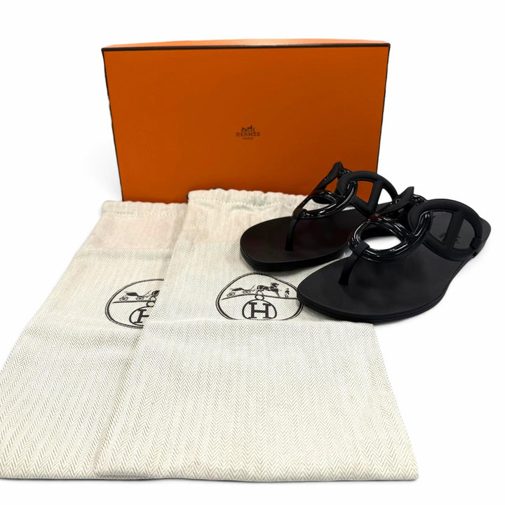 未使用品☆HERMES エルメス エジェリ ラバー シェーヌダンクル フラットサンダル トングサンダル ブラック 36 イタリア製 箱・保存袋付