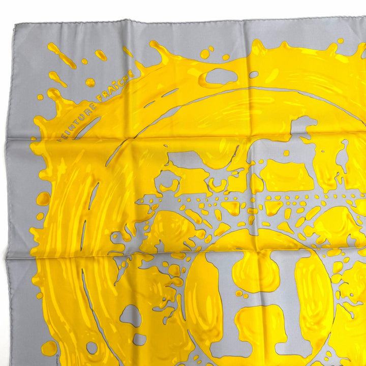 未使用品★HERMES エルメス カレ90 Peinture Fraiche ペンキ塗りたて シルク100％ GRIS PERLE/OR スカーフ フランス製 レディース