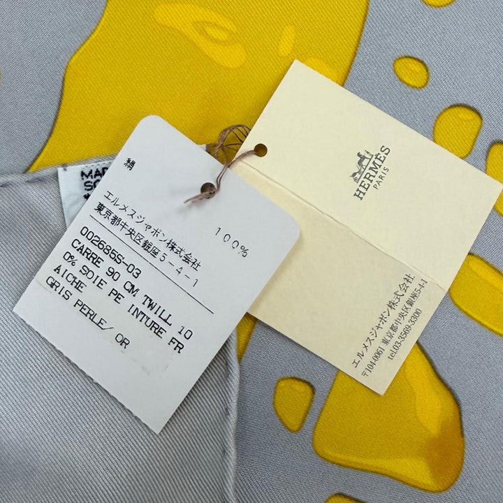 未使用品★HERMES エルメス カレ90 Peinture Fraiche ペンキ塗りたて シルク100％ GRIS PERLE/OR スカーフ フランス製 レディース