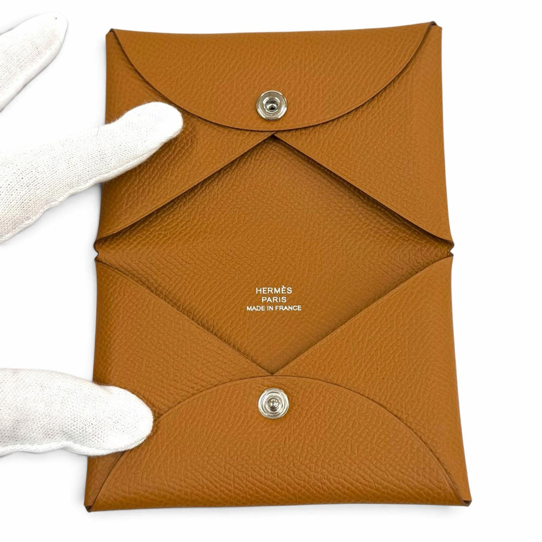 未使用品★HERMES エルメス カルヴィ ゴールド ヴォーエプソン シルバー金具 カードケース 名刺入れ W刻印 フランス製 レディース 箱付き