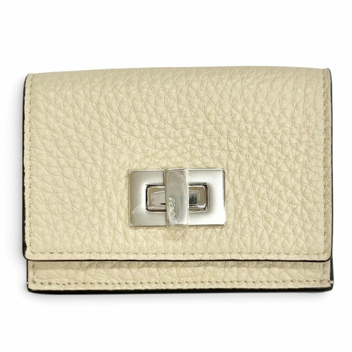 未使用品△FENDI フェンディ 8M0426 セレリア レザー コンパクトウォレット 三つ折り財布 アイボリー シルバー金具 レディース 箱 袋付き