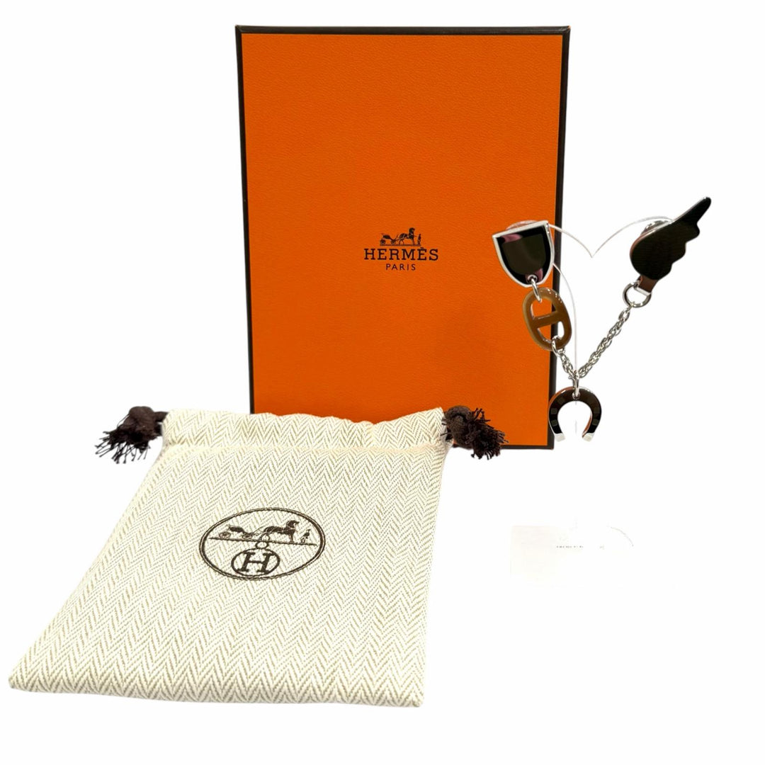 極美品★HERMES エルメス バッファローホーン ボンヴォヤージュ ピンブローチ シェーヌダンクル シルバー ブラウン カーキ 箱・保存袋付