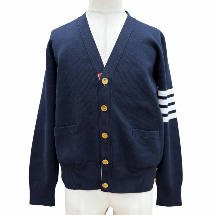 極美品▼THOM BROWNE トムブラウン MKC171A クレープ 4-BAR ミラノ ステッチ Vネック ニットカーディガン ネイビー 2 伊製 正規品 メンズ