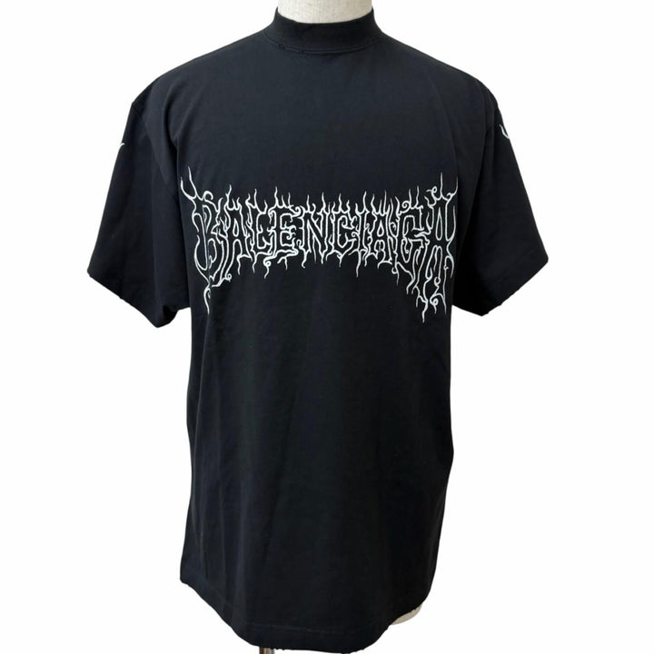 極美品□BALENCIAGA バレンシアガ 2023年製 739028 Darkwave Tee ダメージ加工 ロゴプリント 半袖Ｔシャツ ブラック 1 正規品 メンズ