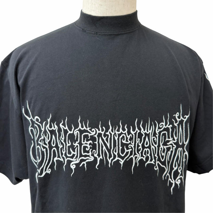 極美品□BALENCIAGA バレンシアガ 2023年製 739028 Darkwave Tee ダメージ加工 ロゴプリント 半袖Ｔシャツ ブラック 1 正規品 メンズ
