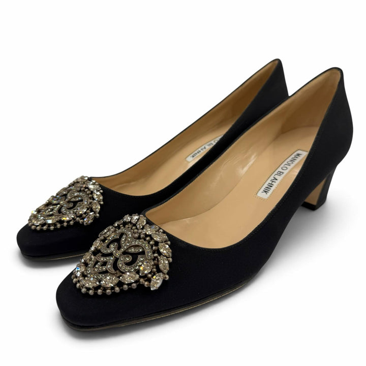 未使用品☆MANOLO BLAHNIK マノロブラニク OKKATO オッカト サテン レザー使い ビジュー総柄 パンプス ブラック 36.5 イタリア製