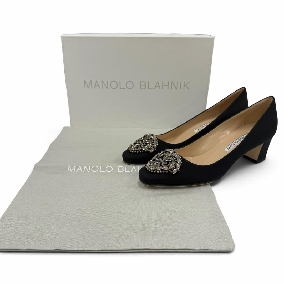 未使用品☆MANOLO BLAHNIK マノロブラニク OKKATO オッカト サテン レザー使い ビジュー総柄 パンプス ブラック 36.5 イタリア製