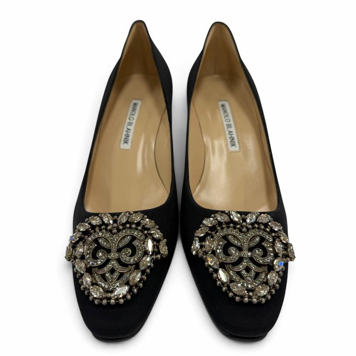 未使用品☆MANOLO BLAHNIK マノロブラニク OKKATO オッカト サテン レザー使い ビジュー総柄 パンプス ブラック 36.5 イタリア製