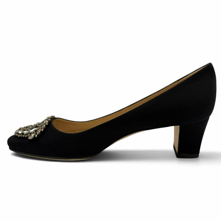未使用品☆MANOLO BLAHNIK マノロブラニク OKKATO オッカト サテン レザー使い ビジュー総柄 パンプス ブラック 36.5 イタリア製