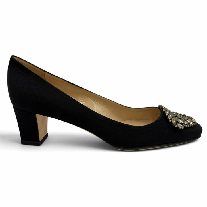 未使用品☆MANOLO BLAHNIK マノロブラニク OKKATO オッカト サテン レザー使い ビジュー総柄 パンプス ブラック 36.5 イタリア製