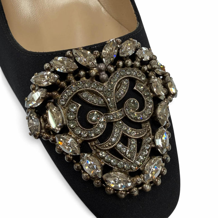 未使用品☆MANOLO BLAHNIK マノロブラニク OKKATO オッカト サテン レザー使い ビジュー総柄 パンプス ブラック 36.5 イタリア製
