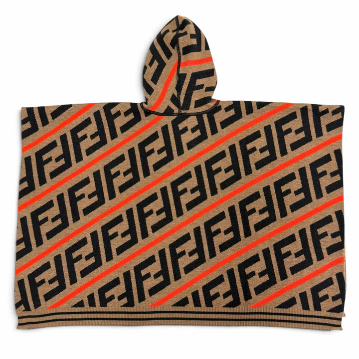 未使用品△FENDI フェンディ JFQ039 A2M4 コットン FFロゴ ズッカ柄 フード付き ニット ポンチョ ブラウン ブラック 2 イタリア製 キッズ