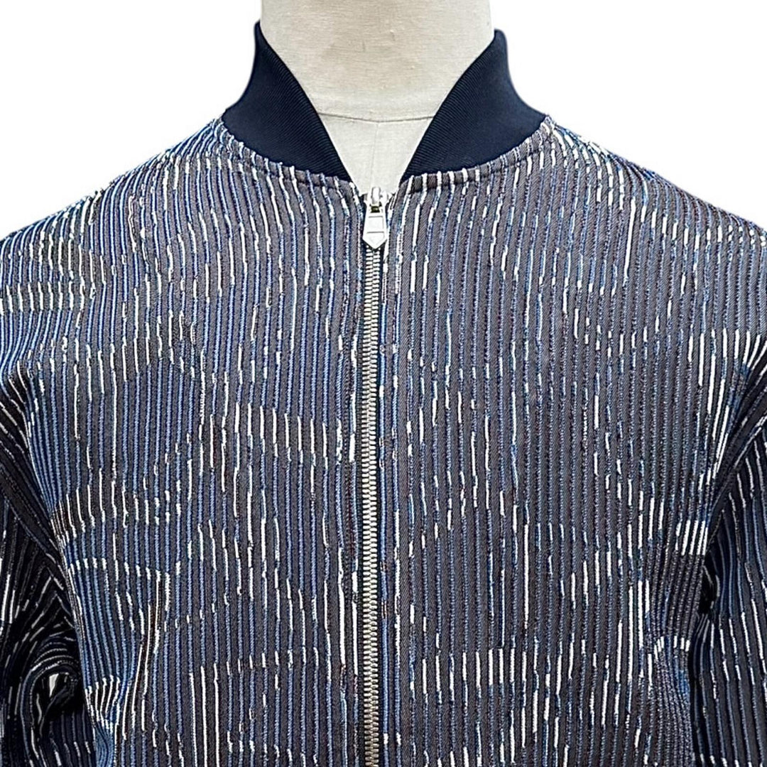 極美品▼HERMES エルメス シルク71% シルバー金具 総柄 ジップアップ ブルゾン ジャケット ネイビー M イタリア製 メンズ 軽量