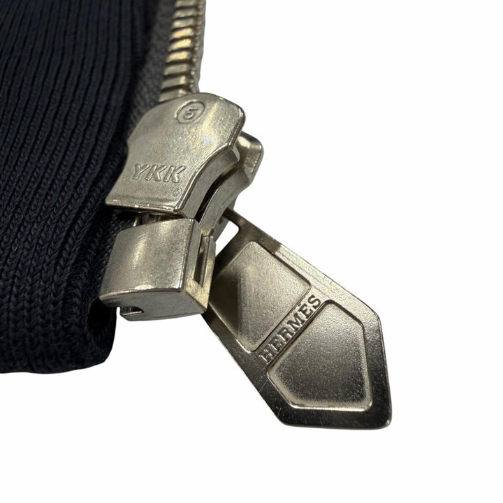 極美品▼HERMES エルメス シルク71% シルバー金具 総柄 ジップアップ ブルゾン ジャケット ネイビー M イタリア製 メンズ 軽量