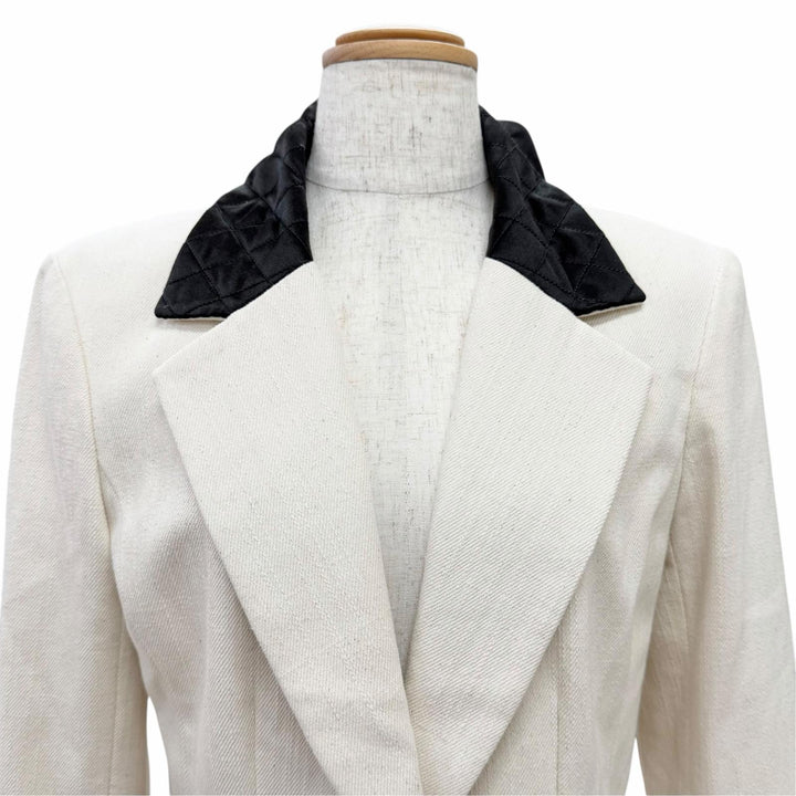 極美品△CHANEL シャネル P70569V62000 コットン100％ ココボタン マトラッセリボン ロング テーラードジャケット アイボリー ブラック 36
