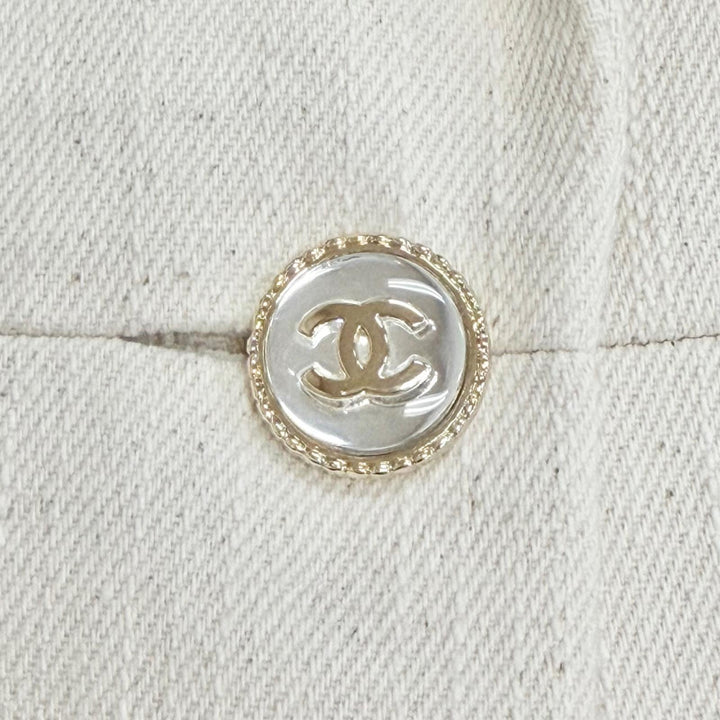 極美品△CHANEL シャネル P70569V62000 コットン100％ ココボタン マトラッセリボン ロング テーラードジャケット アイボリー ブラック 36