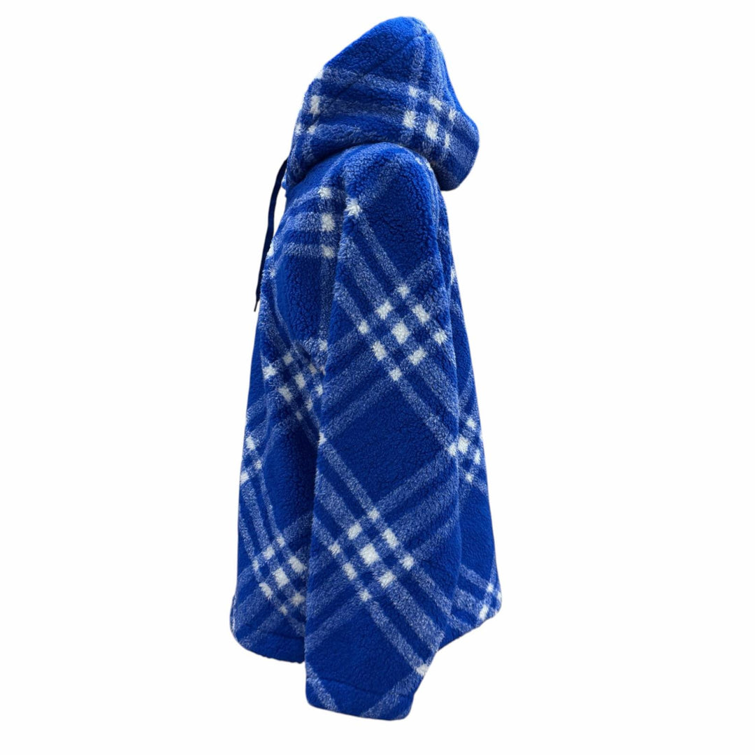 未使用品▼BURBERRY バーバリー 8078276 バージンウール混 チェック柄 ボア フーデッド プルオーバー パーカー ブルー M 正規品 メンズ