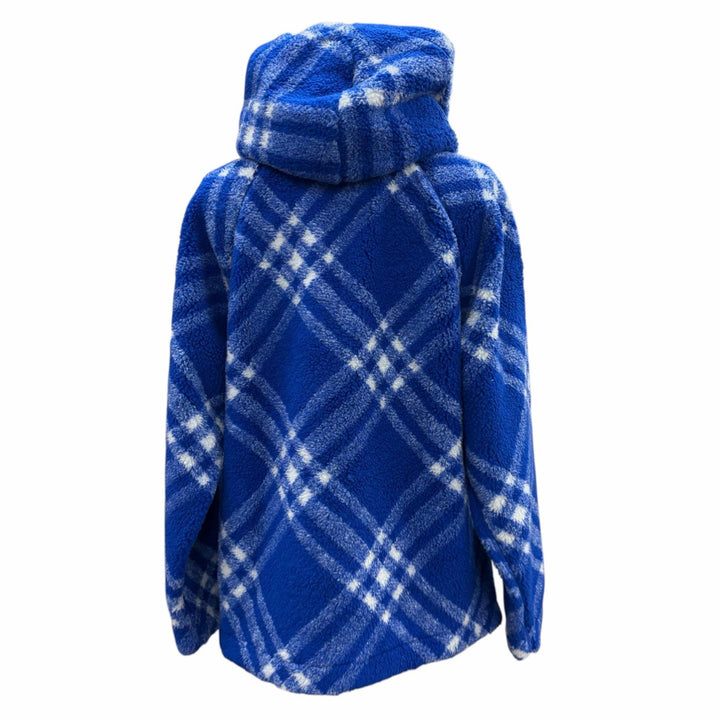 未使用品▼BURBERRY バーバリー 8078276 バージンウール混 チェック柄 ボア フーデッド プルオーバー パーカー ブルー M 正規品 メンズ