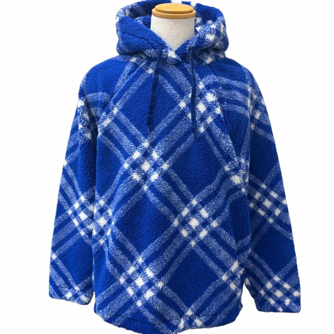 未使用品□BURBERRY バーバリー 8078276 バージンウール混 チェック柄 プルオーバー ボアフリースパーカー ブルー M 正規品 メンズ