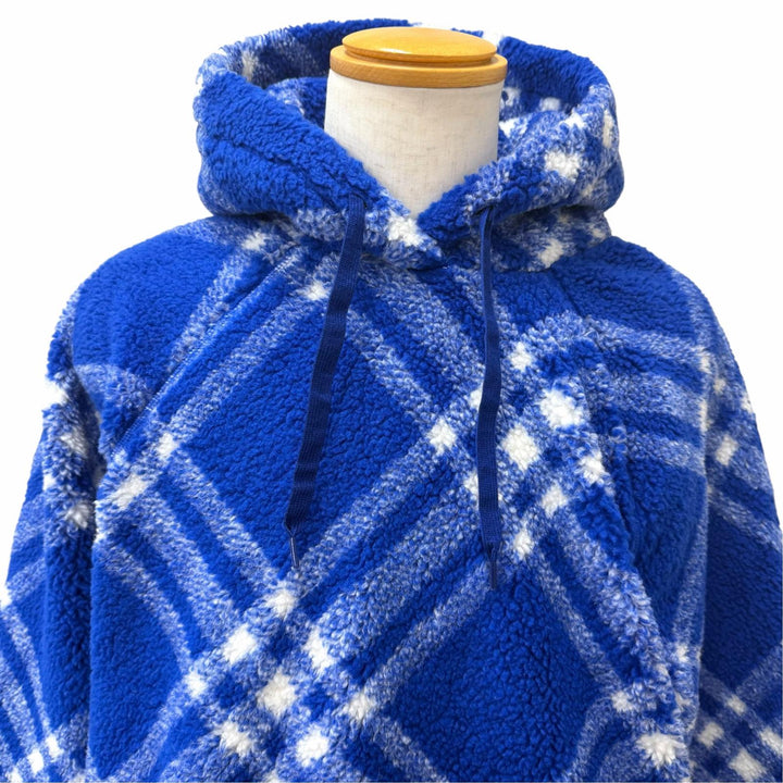 未使用品□BURBERRY バーバリー 8078276 バージンウール混 チェック柄 プルオーバー ボアフリースパーカー ブルー M 正規品 メンズ