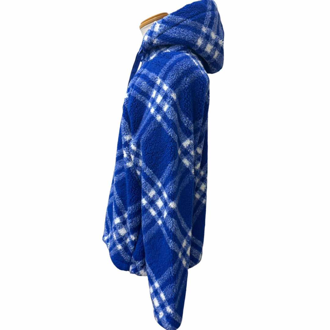 未使用品□BURBERRY バーバリー 8078276 バージンウール混 チェック柄 プルオーバー ボアフリースパーカー ブルー M 正規品 メンズ
