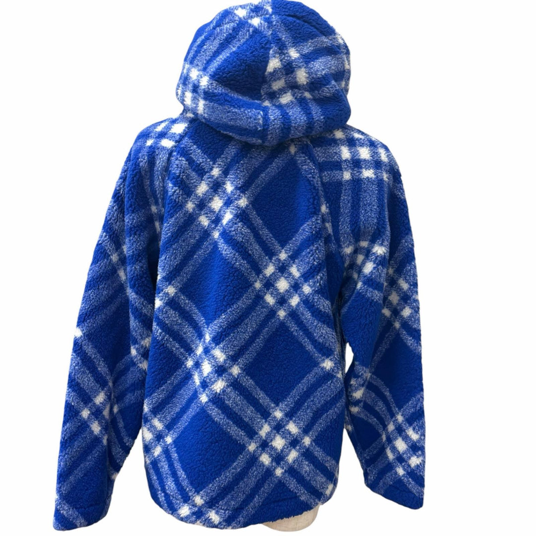 未使用品□BURBERRY バーバリー 8078276 バージンウール混 チェック柄 プルオーバー ボアフリースパーカー ブルー M 正規品 メンズ