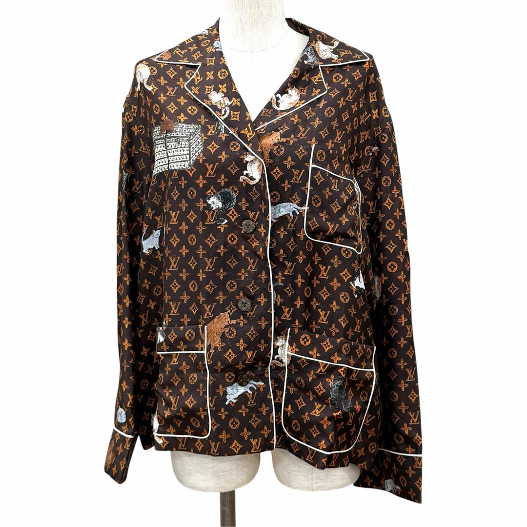 未使用品★LOUIS VUITTON ルイヴィトン シルク100％ モノグラムボタン キャットグラム 長袖シャツ ブラウン 36 イタリア製 正規品